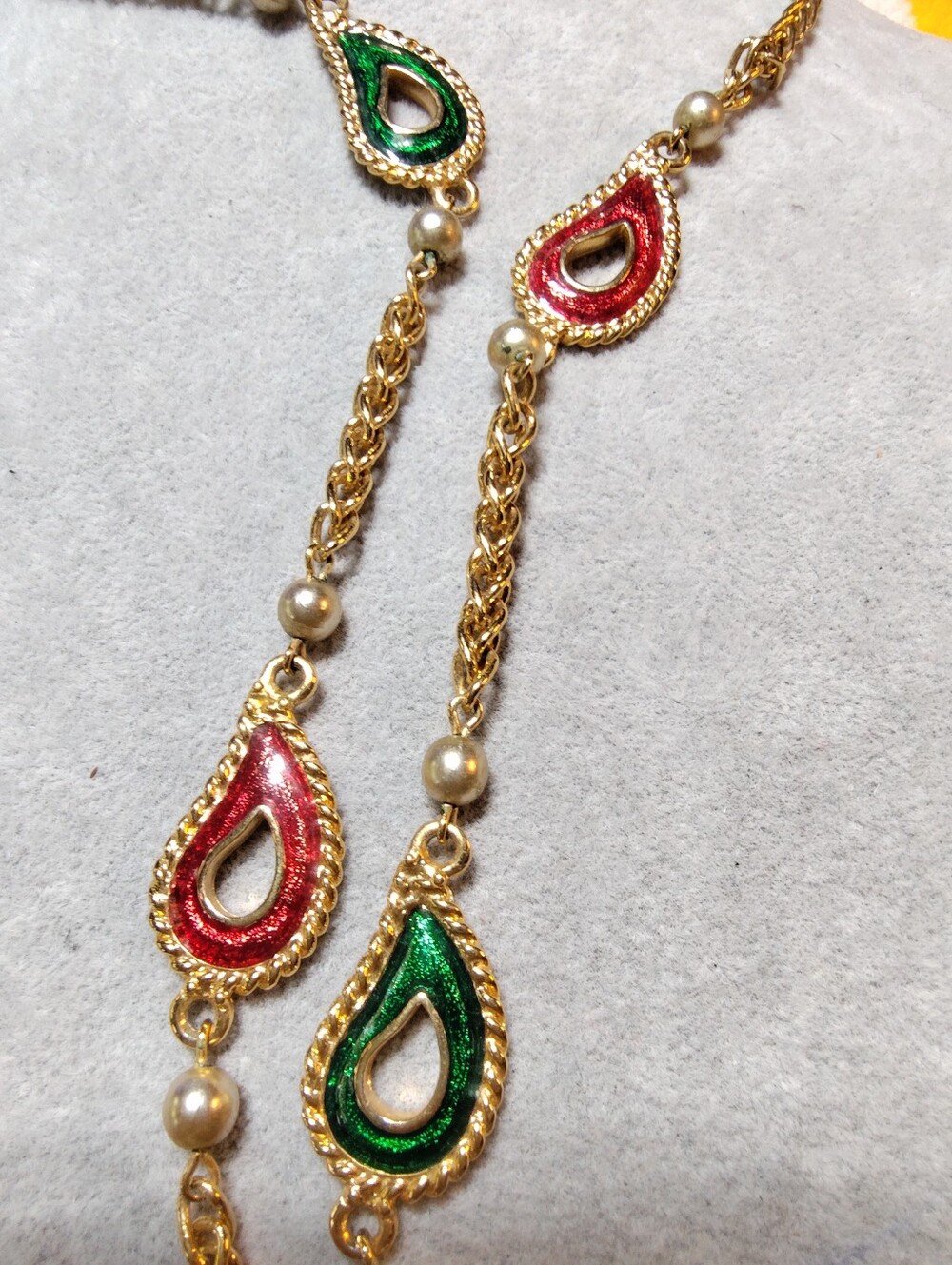 Kenneth Jay Lane Gold-Tone Chain Station Necklace with Red and Green Enamel 28"